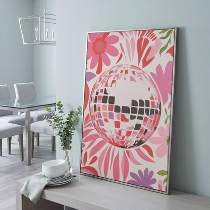 Retro Disco Ball & Floral Canvas in silver floating frame