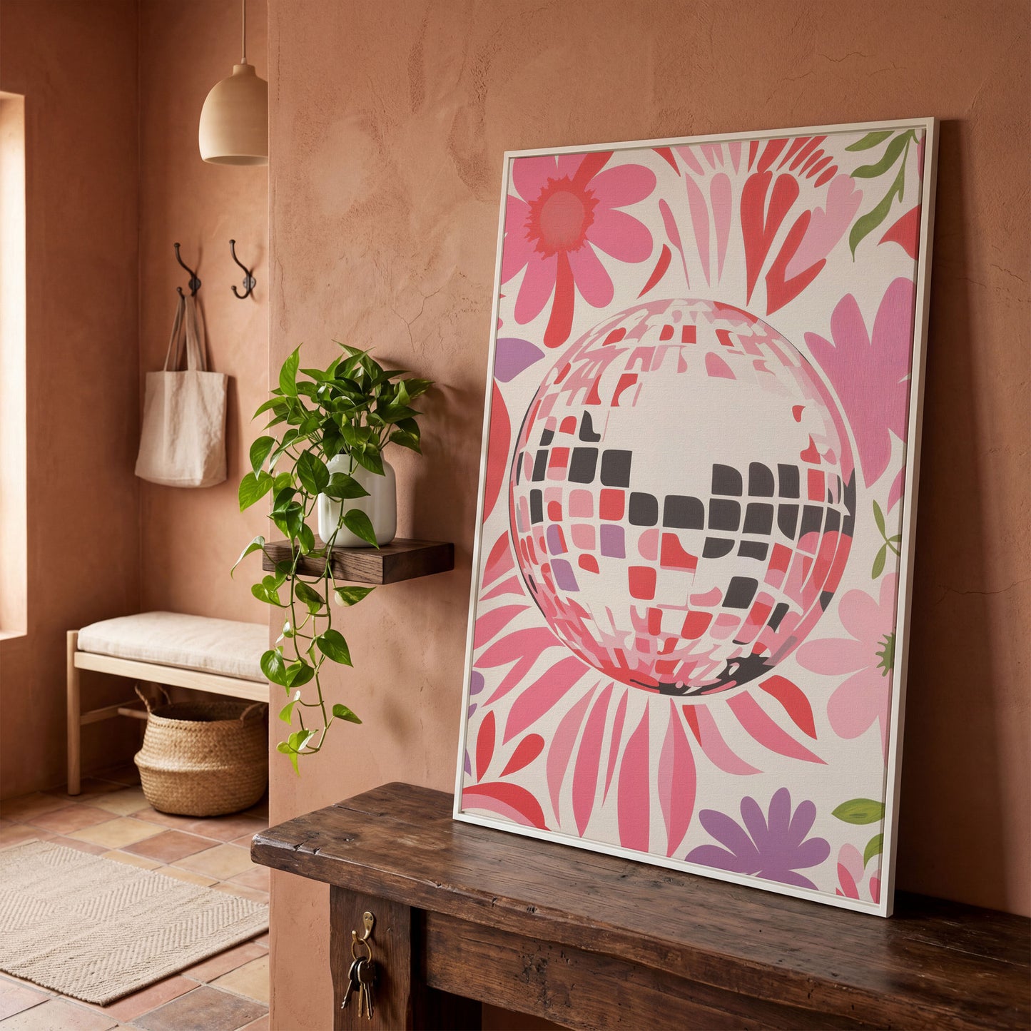 Retro Disco Ball & Floral Canvas in white floating frame