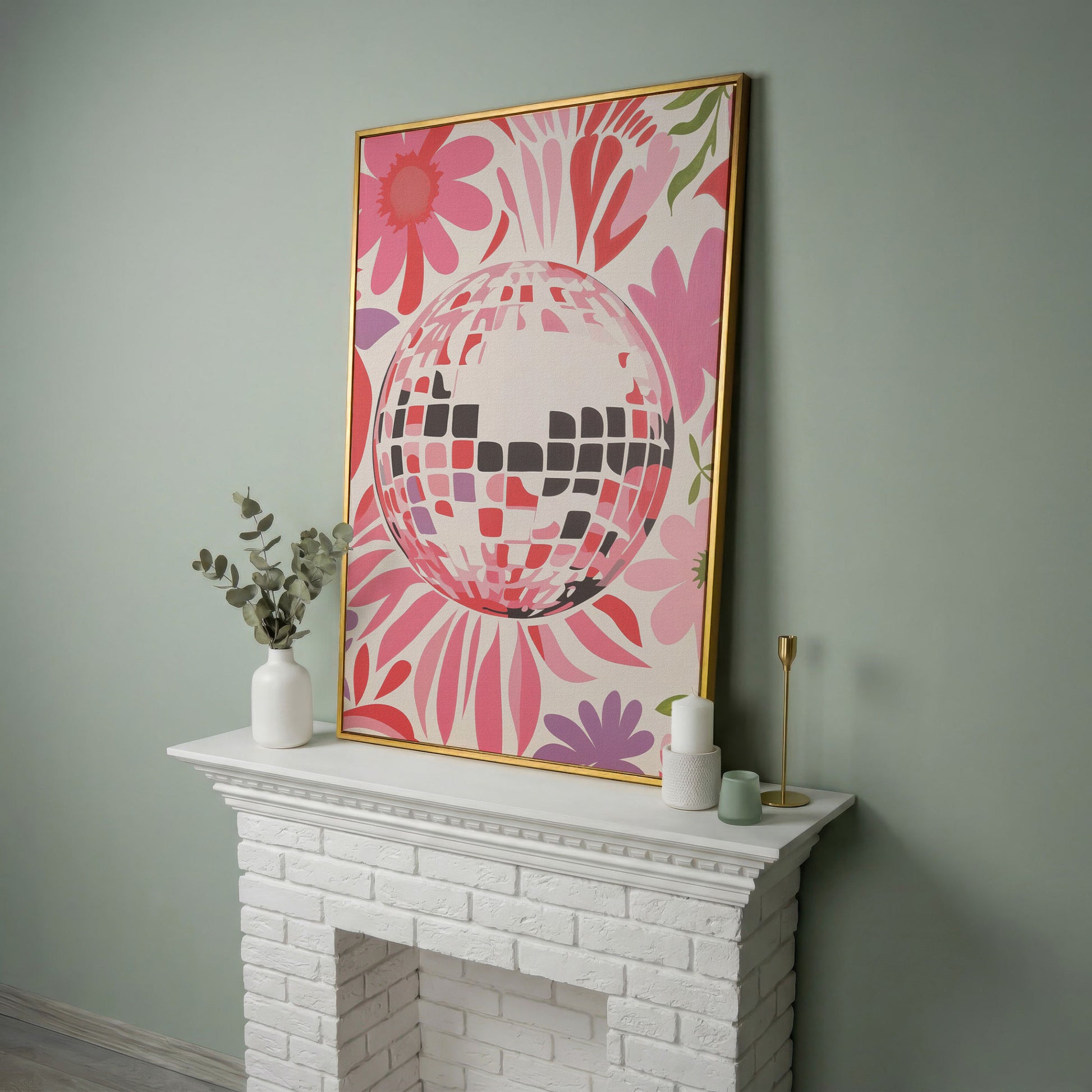Retro Disco Ball & Floral Canvas in yellow gold floating frame