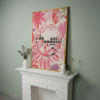 Retro Disco Ball & Floral Canvas in yellow gold floating frame