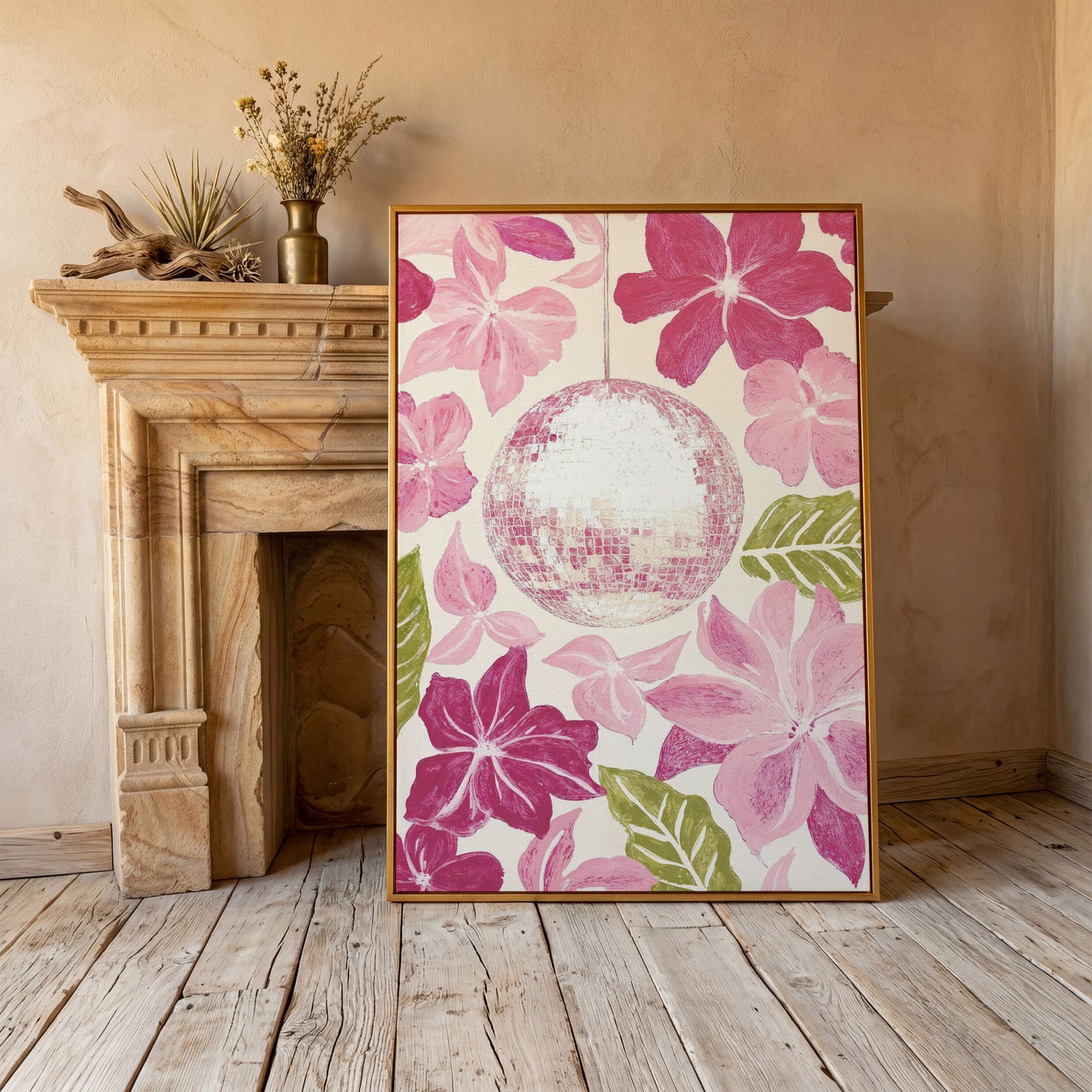 Pink Floral & Disco Ball Canvas Print in antique gold floating frame