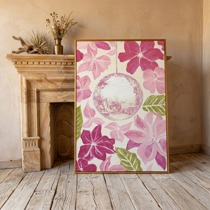 Pink Floral & Disco Ball Canvas Print in antique gold floating frame