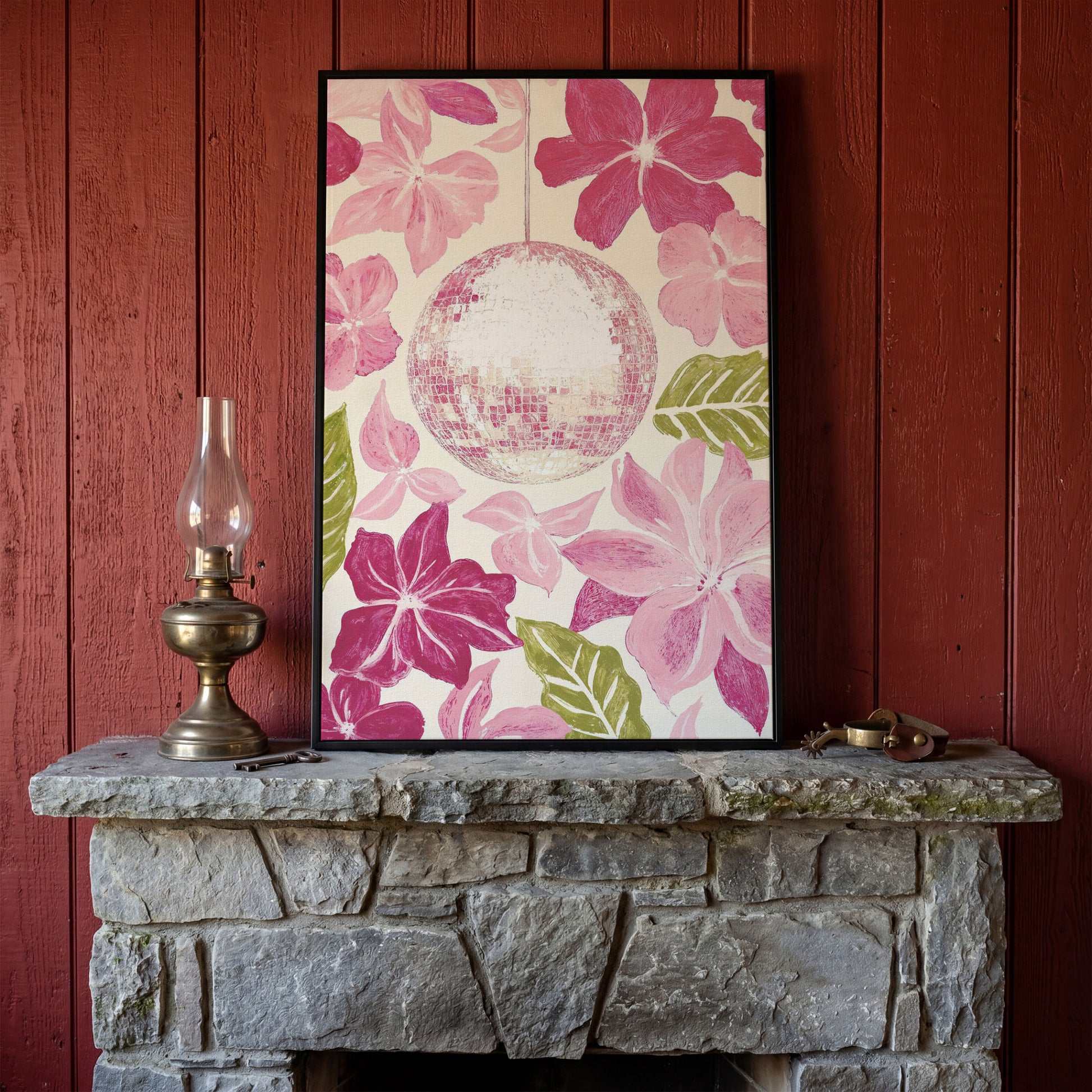 Pink Floral & Disco Ball Canvas Print in black floating frame