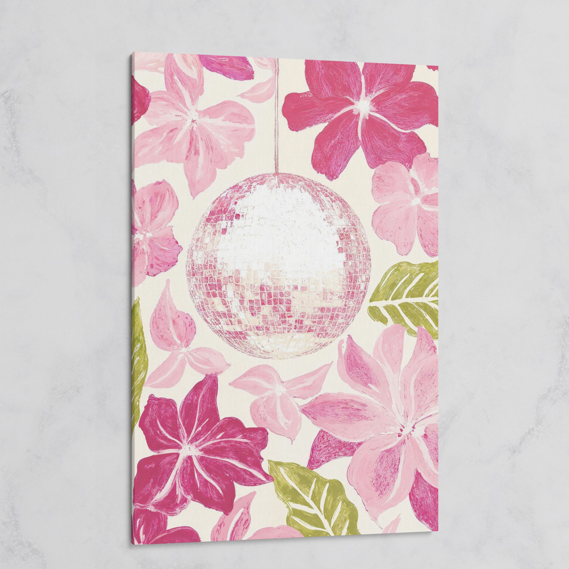 Pink Floral & Disco Ball Canvas Print on gallery wrap