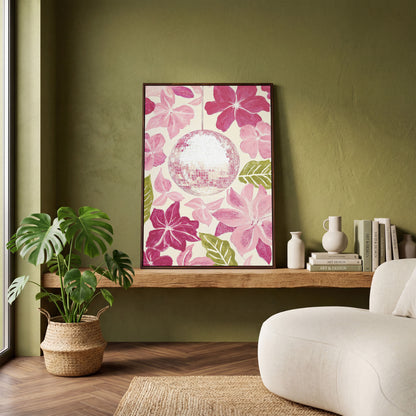 Pink Floral & Disco Ball Canvas Print in dark walnut floating frame