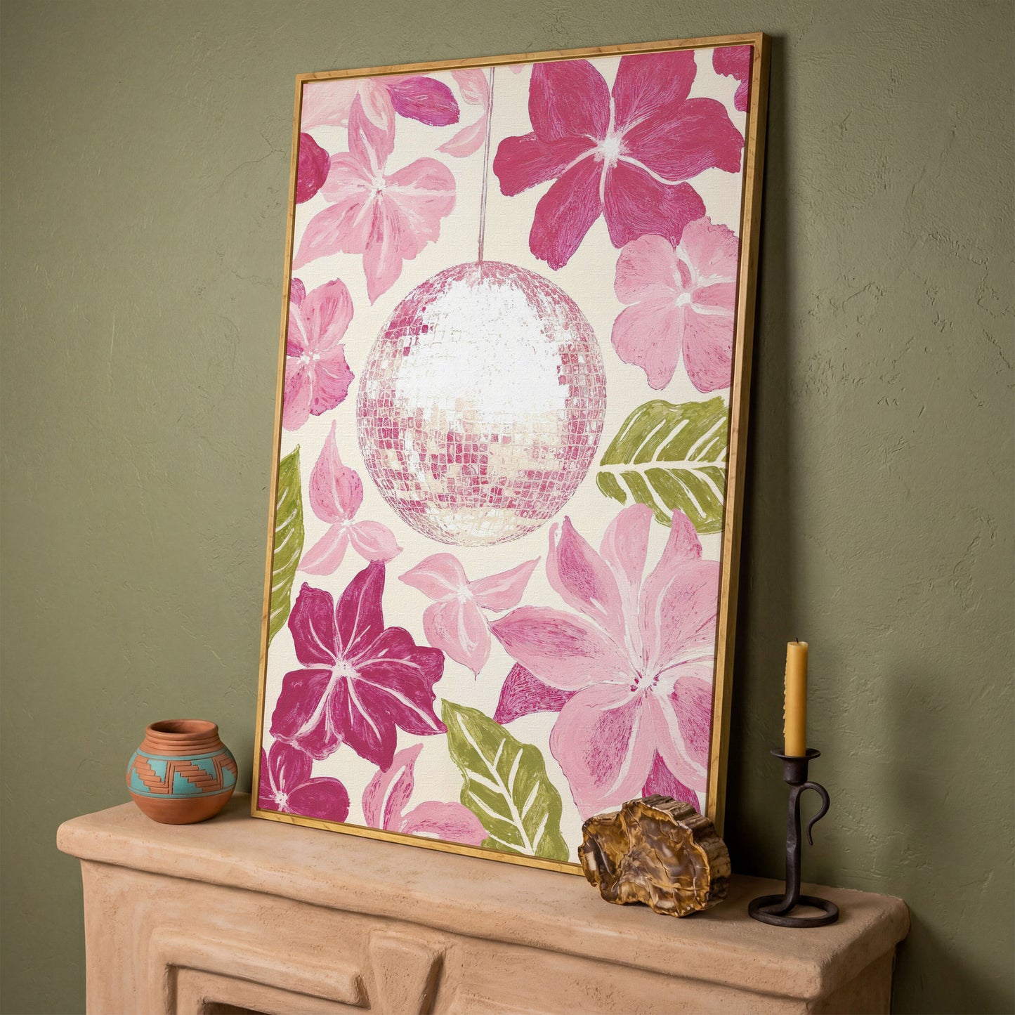 Pink Floral & Disco Ball Canvas Print in white oak floating frame