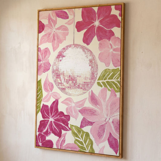 Pink Floral & Disco Ball Canvas Print shown in white oak floating frame