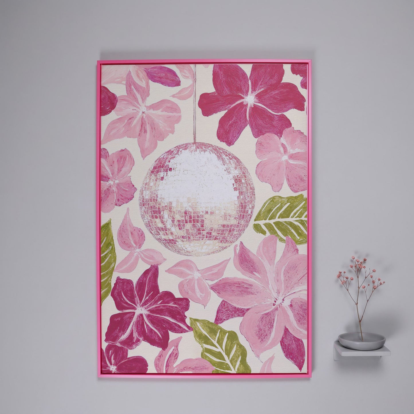 Pink Floral & Disco Ball Canvas Print in pink floating frame