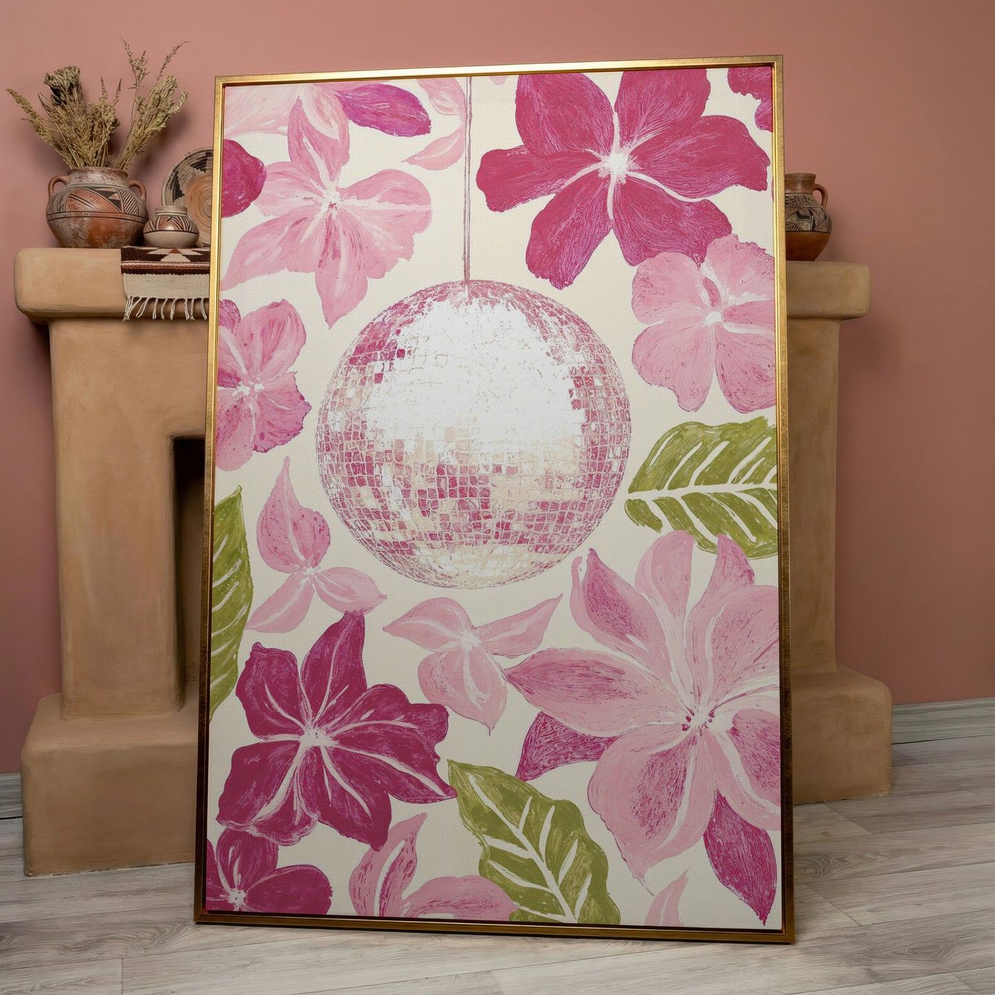 Pink Floral & Disco Ball Canvas Print in rose gold floating frame