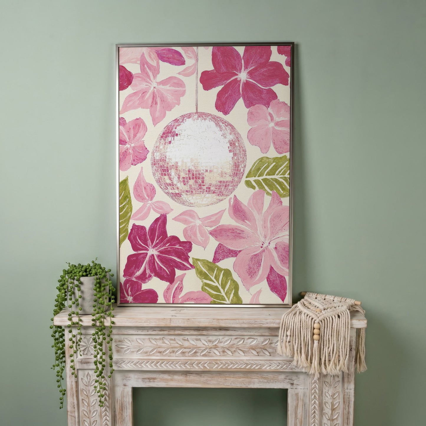 Pink Floral & Disco Ball Canvas Print in silver floating frame