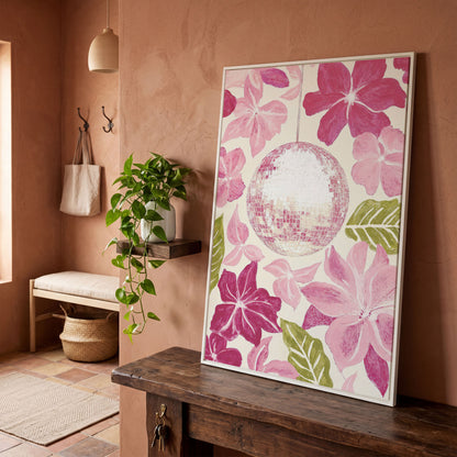 Pink Floral & Disco Ball Canvas Print in white floating frame