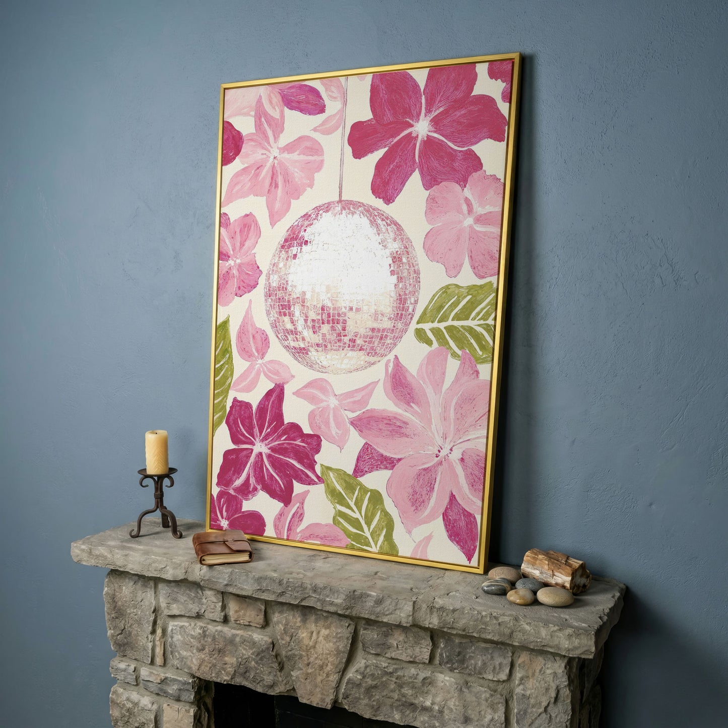 Pink Floral & Disco Ball Canvas Print in yellow gold floating frame