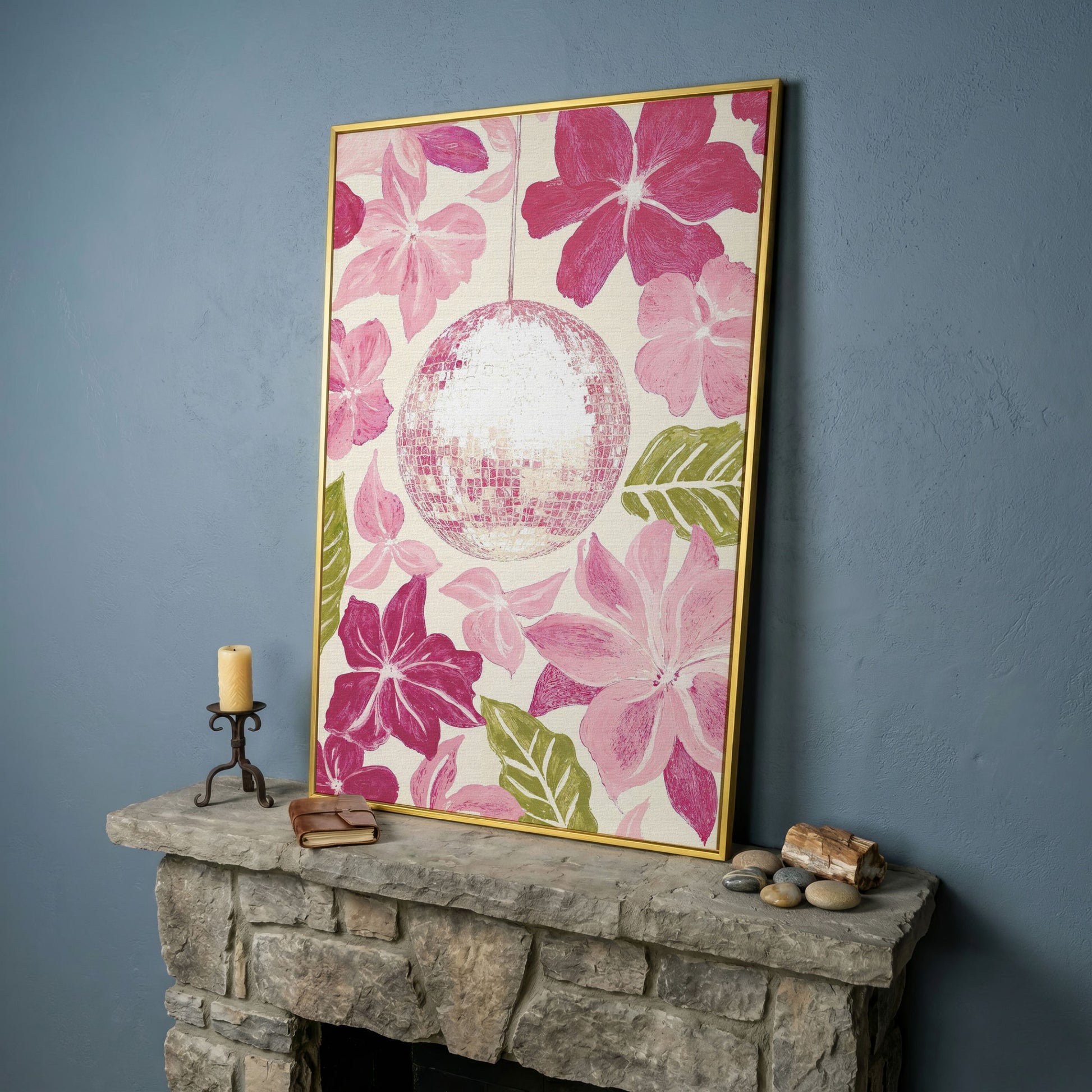 Pink Floral & Disco Ball Canvas Print in yellow gold floating frame