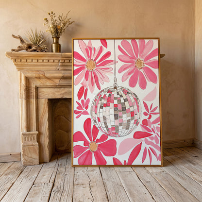 Pink Disco Ball & Botanical Canvas in antique gold floating frame