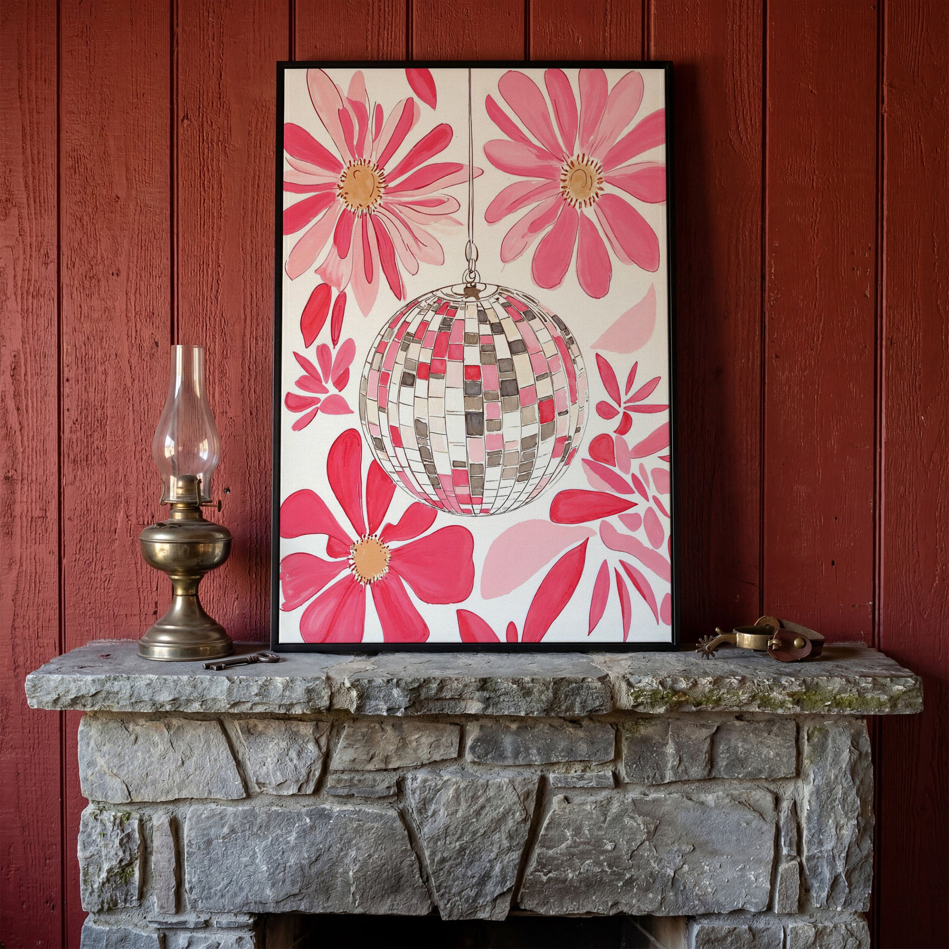 Pink Disco Ball & Botanical Canvas in black floating frame