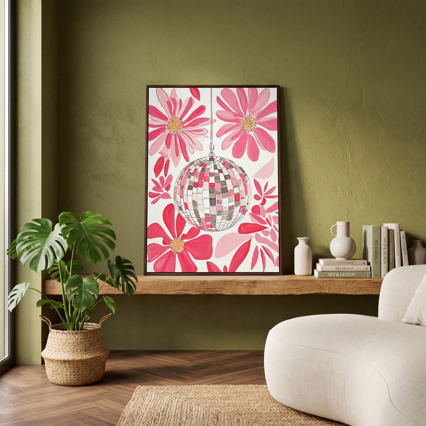 Pink Disco Ball & Botanical Canvas in dark walnut floating frame