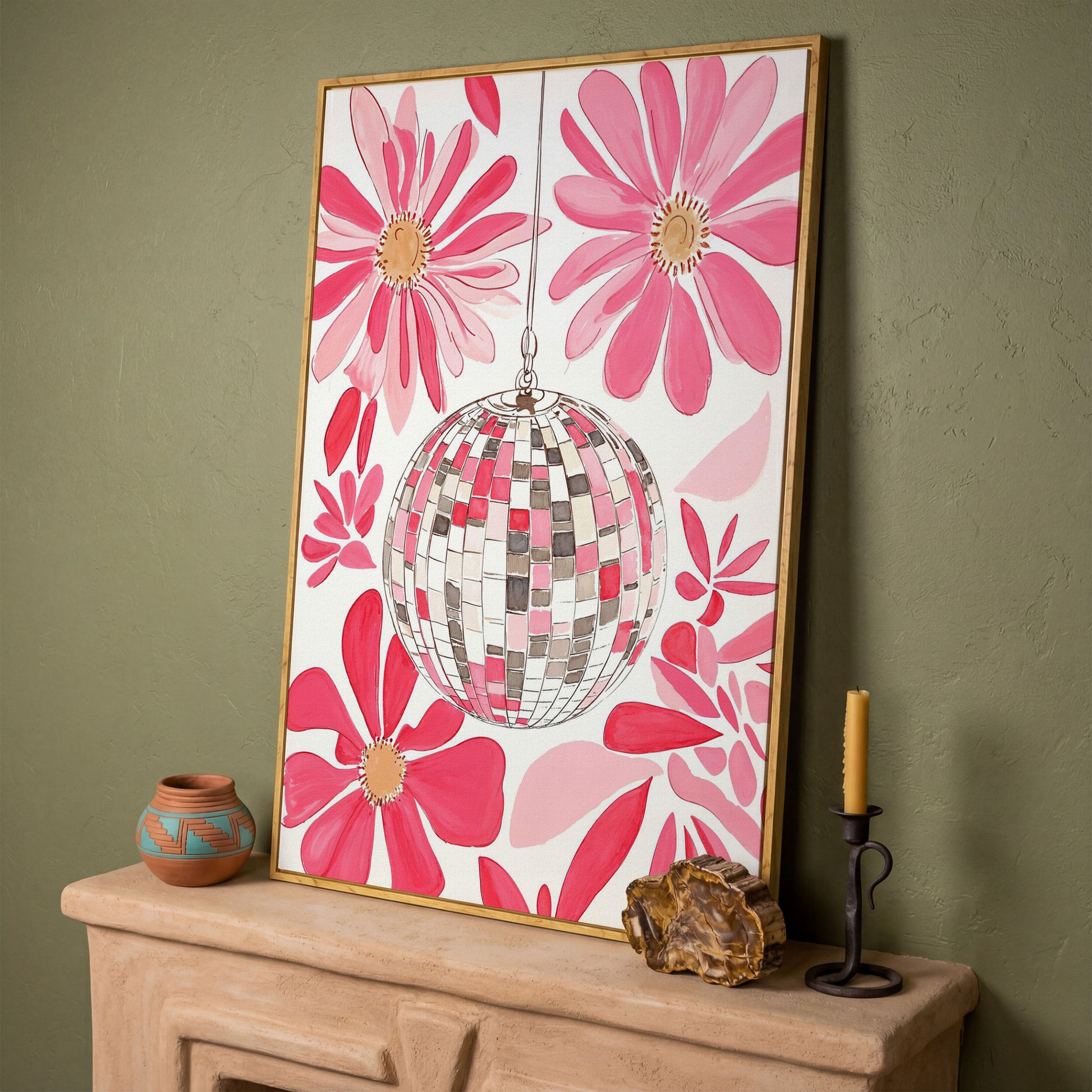 Pink Disco Ball & Botanical Canvas in white oak floating frame