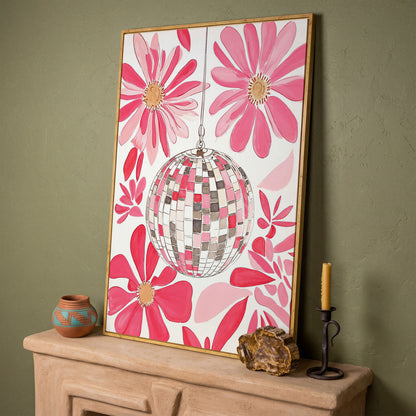 Pink Disco Ball & Botanical Canvas in white oak floating frame