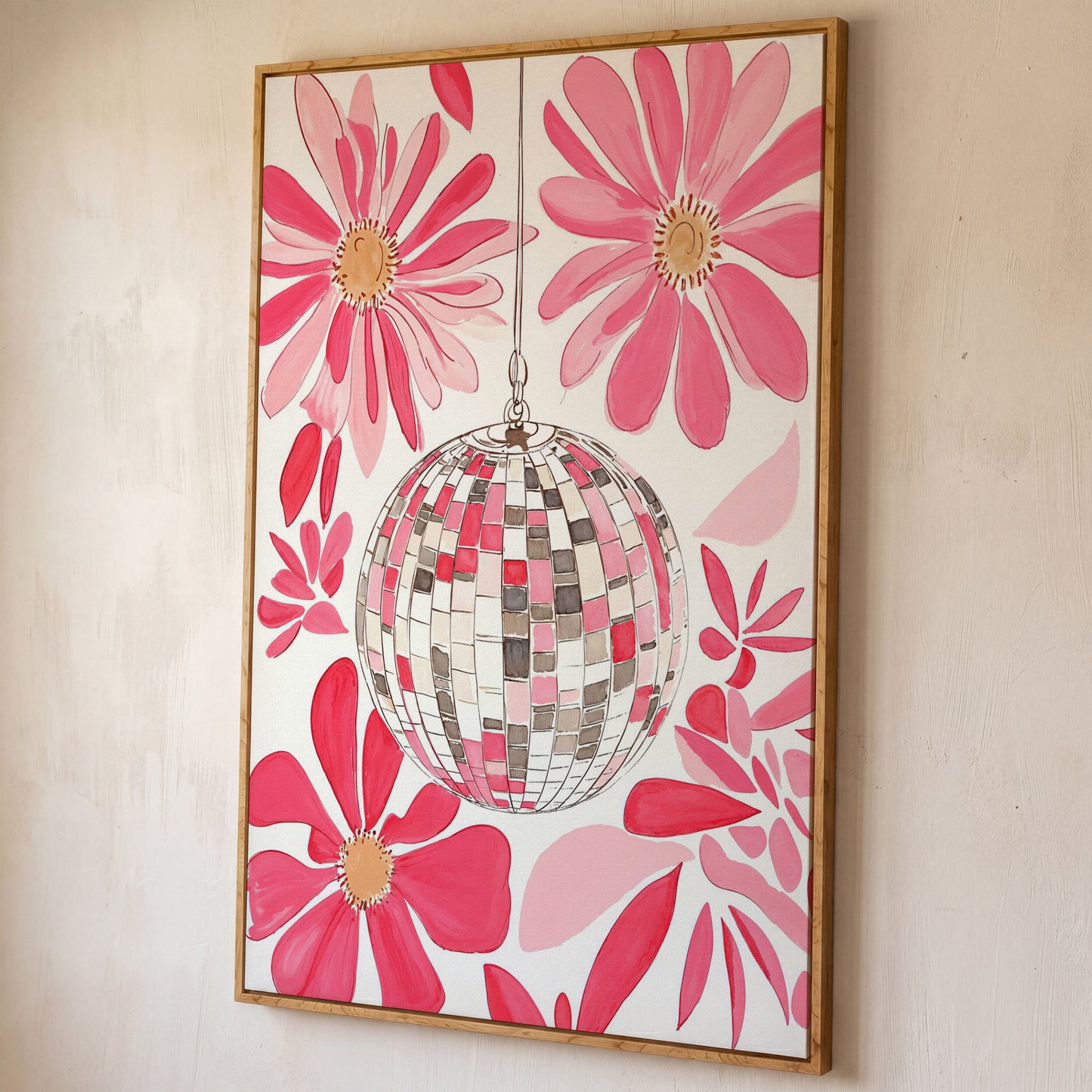 Pink Disco Ball & Botanical Canvas shown in white oak floating frame