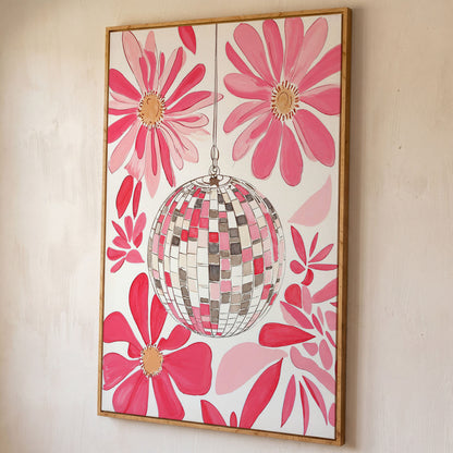 Pink Disco Ball & Botanical Canvas shown in white oak floating frame