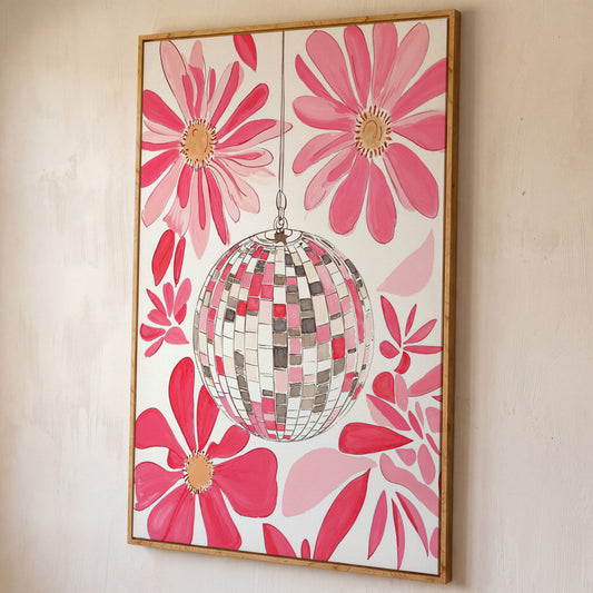 Pink Disco Ball & Botanical Canvas shown in white oak floating frame
