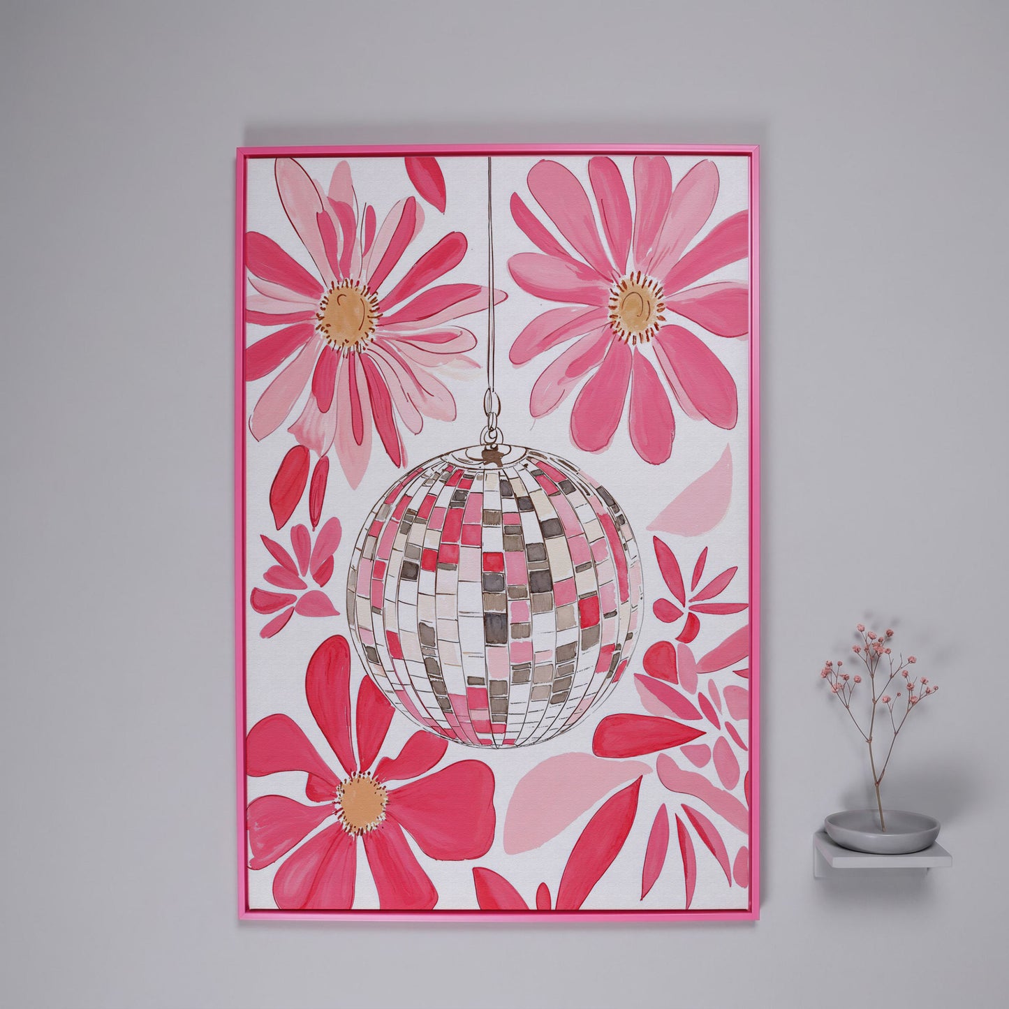 Pink Disco Ball & Botanical Canvas in pink floating frame