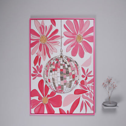 Pink Disco Ball & Botanical Canvas in pink floating frame