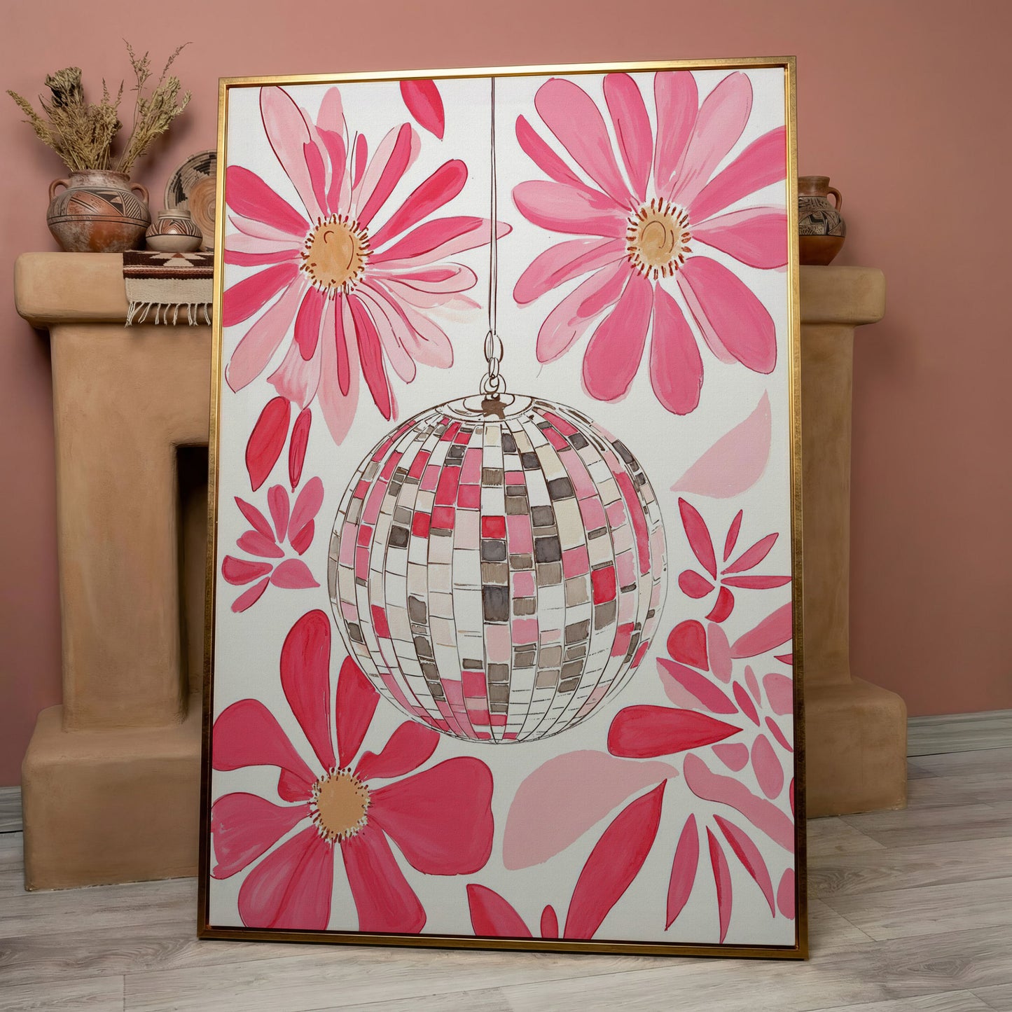 Pink Disco Ball & Botanical Canvas in rose gold floating frame