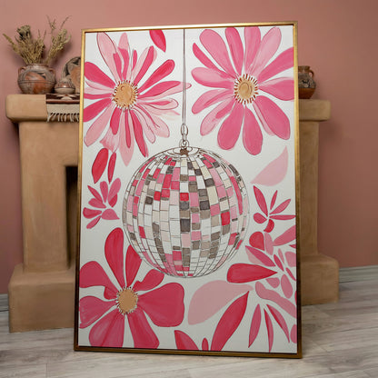 Pink Disco Ball & Botanical Canvas in rose gold floating frame