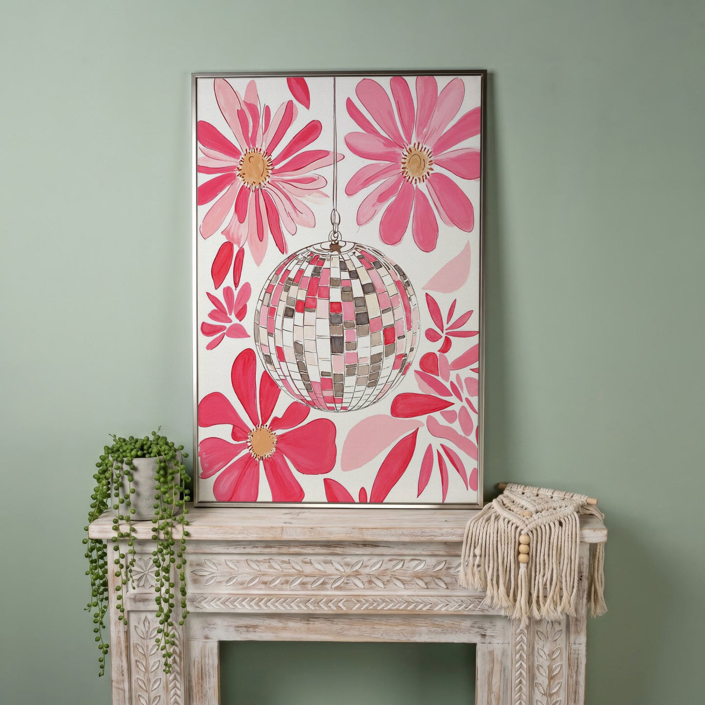Pink Disco Ball & Botanical Canvas in silver floating frame