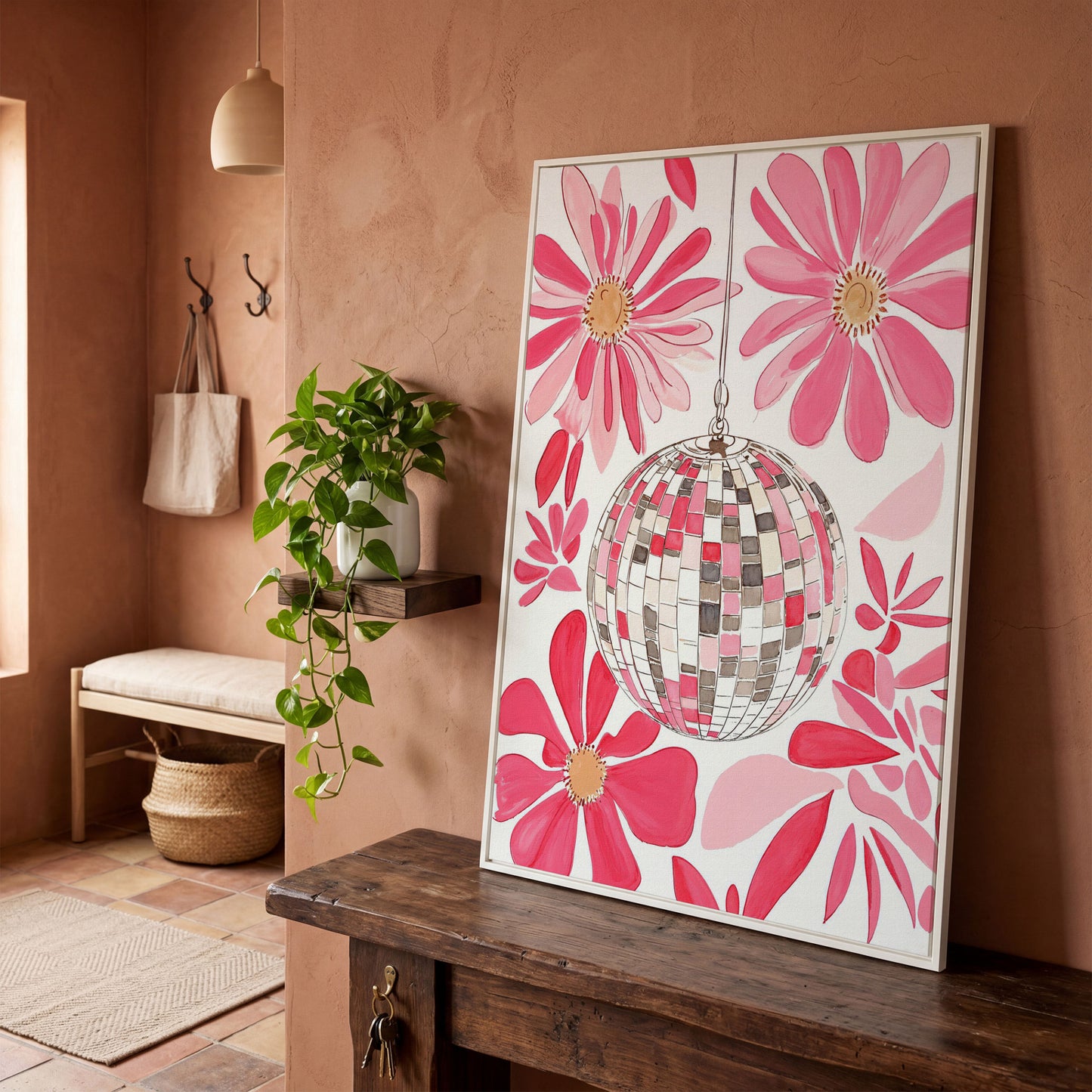 Pink Disco Ball & Botanical Canvas in white floating frame