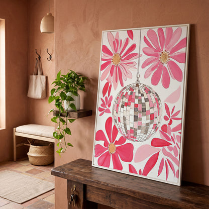Pink Disco Ball & Botanical Canvas in white floating frame