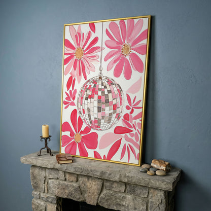 Pink Disco Ball & Botanical Canvas in yellow gold floating frame