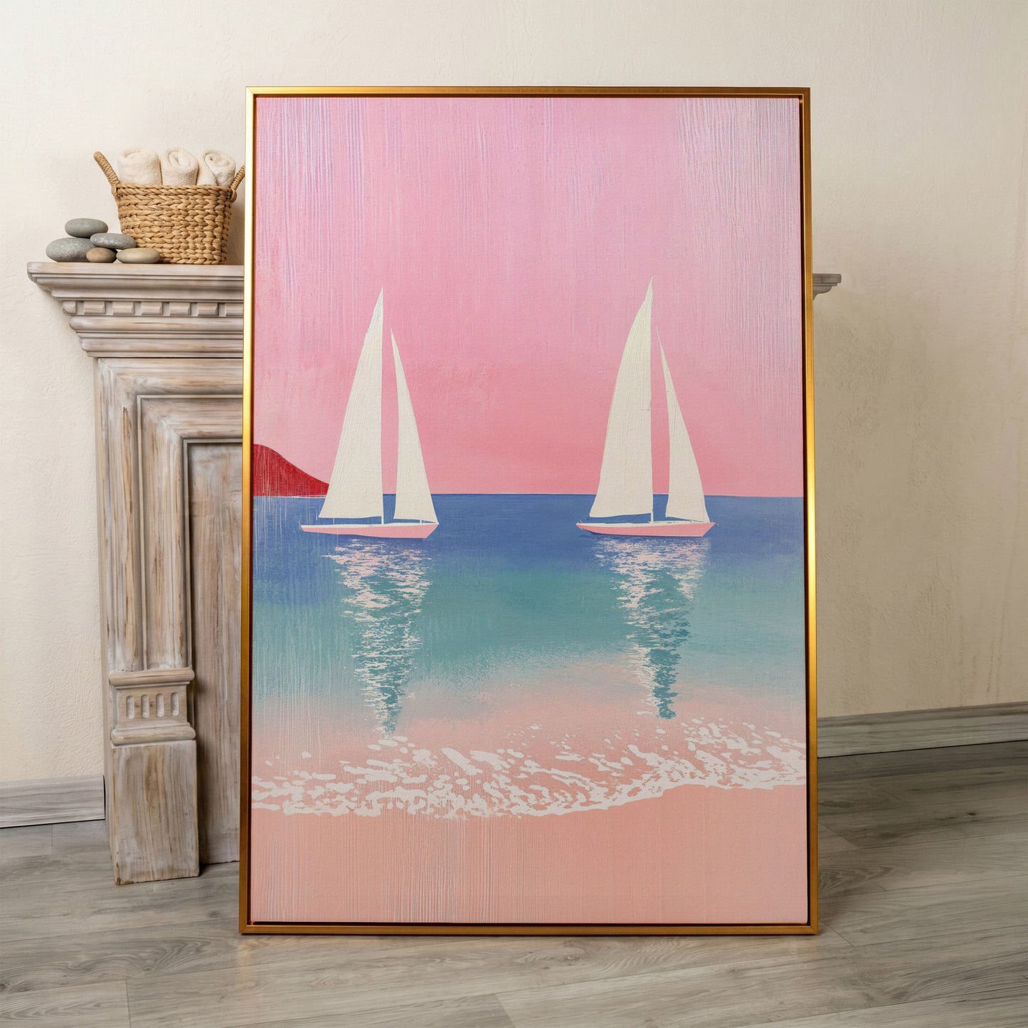 Sailboats at Sunset, Pink Sky Coastal Canvas in antique gold floating frame