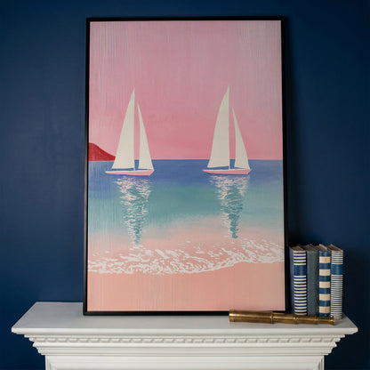 Sailboats at Sunset, Pink Sky Coastal Canvas in black floating frame
