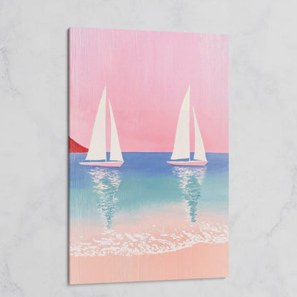 Sailboats at Sunset, Pink Sky Coastal Canvas on gallery wrap