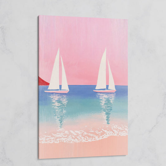 Sailboats at Sunset, Pink Sky Coastal Canvas on gallery wrap