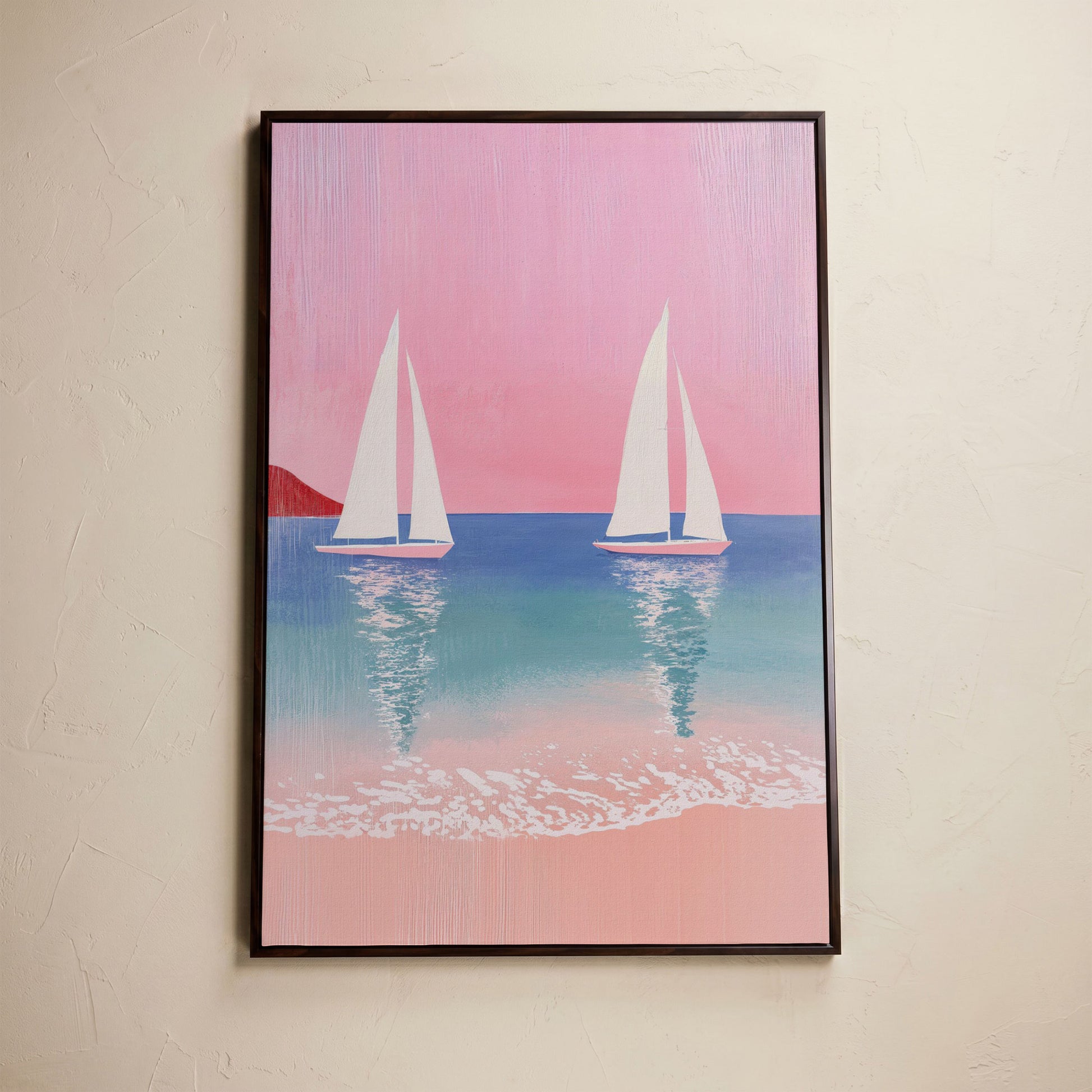 Sailboats at Sunset, Pink Sky Coastal Canvas in dark walnut floating frame