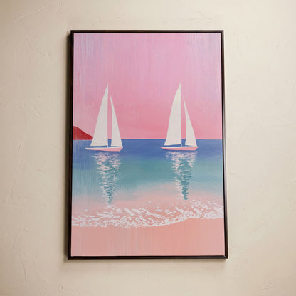 Sailboats at Sunset, Pink Sky Coastal Canvas in dark walnut floating frame
