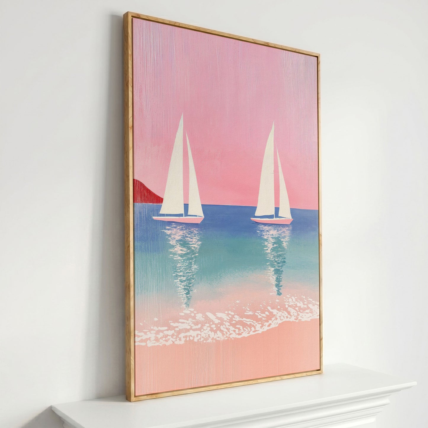 Sailboats at Sunset, Pink Sky Coastal Canvas in white oak floating frame
