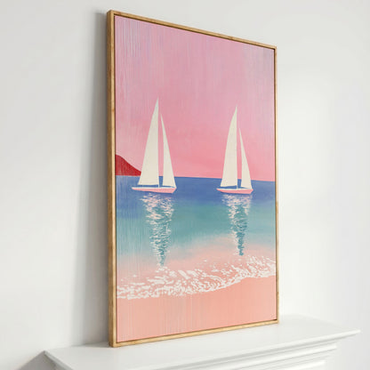 Sailboats at Sunset, Pink Sky Coastal Canvas in white oak floating frame