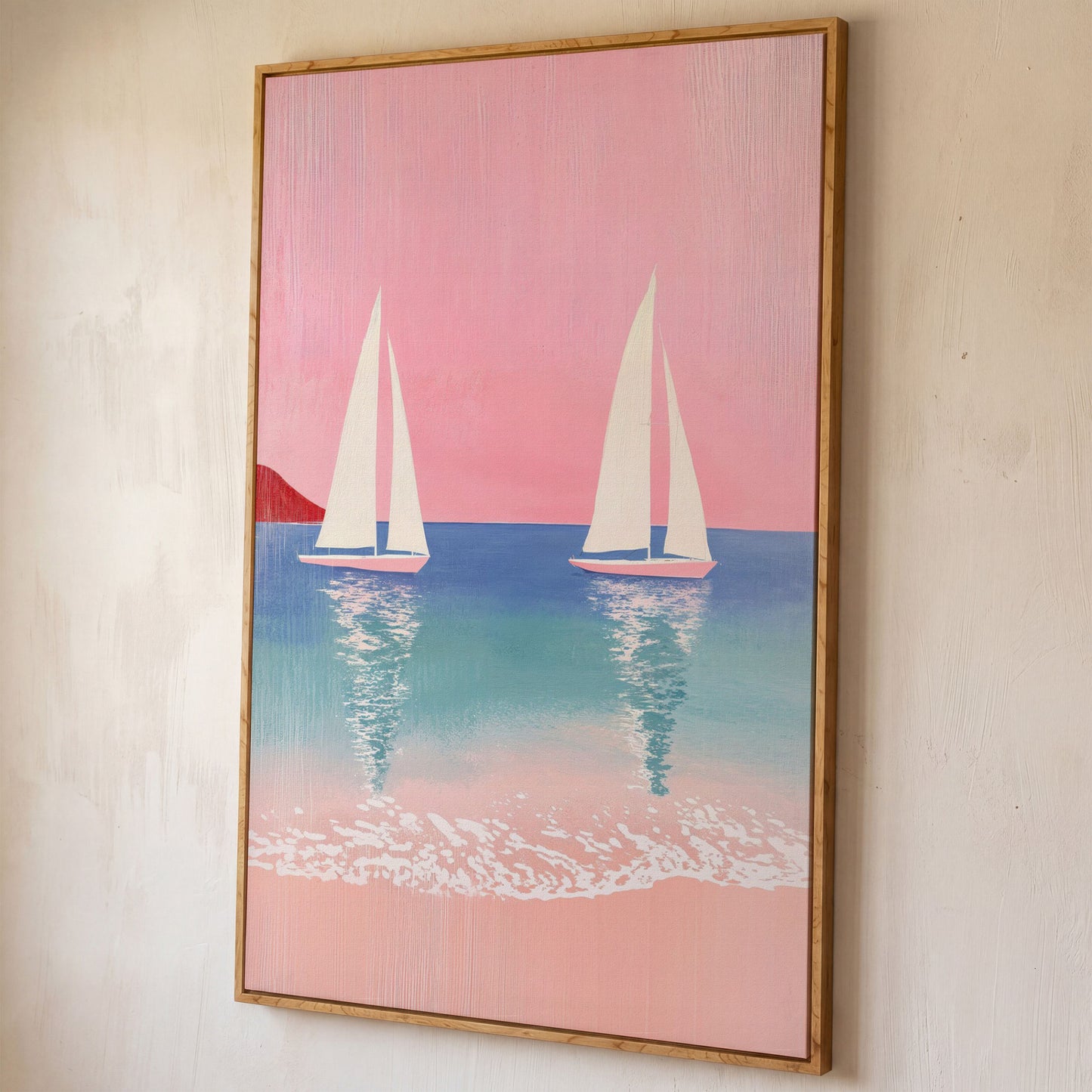 Sailboats at Sunset, Pink Sky Coastal Canvas shown in white oak floating frame