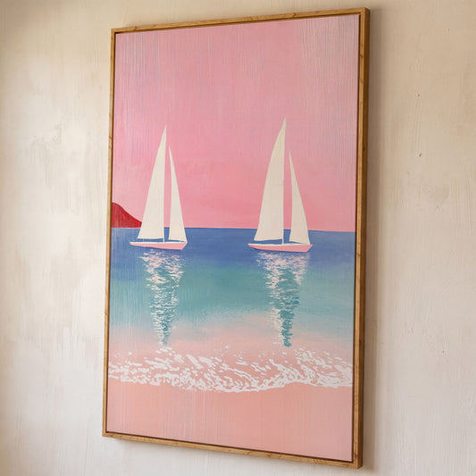 Sailboats at Sunset, Pink Sky Coastal Canvas shown in white oak floating frame