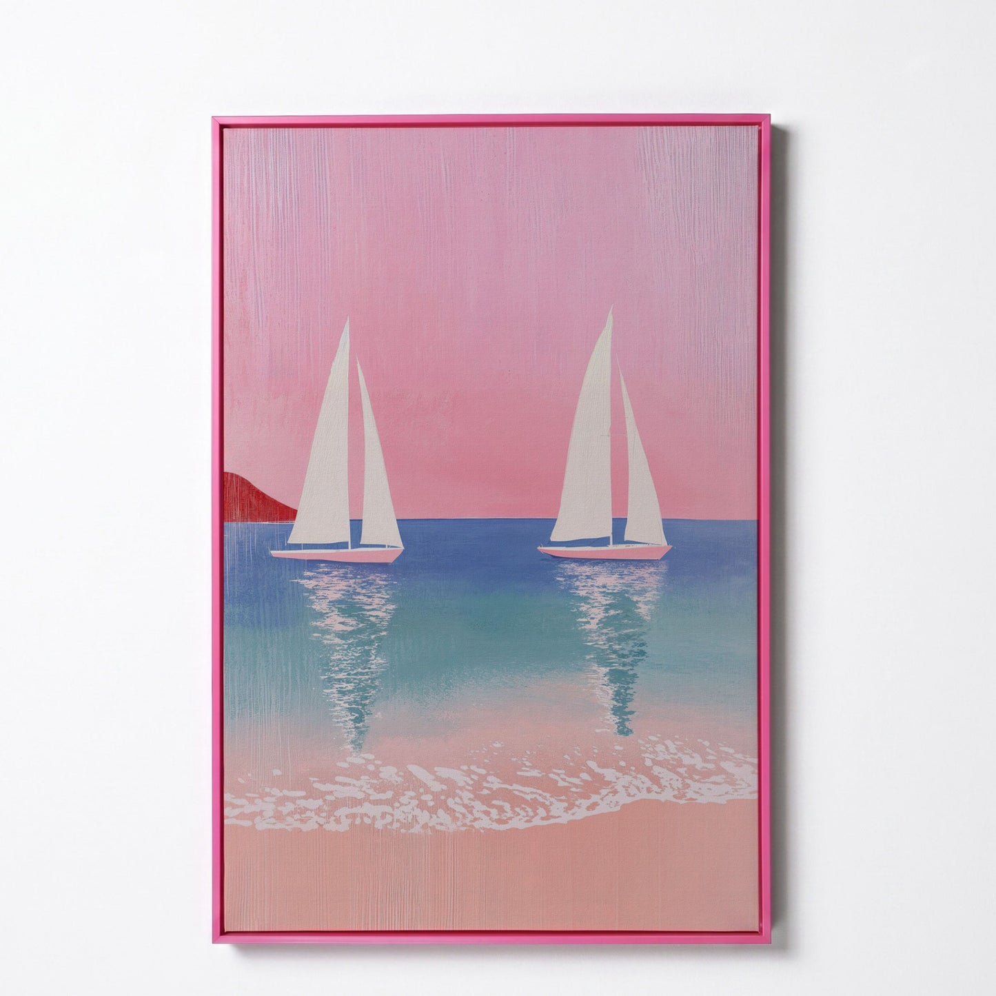 Sailboats at Sunset, Pink Sky Coastal Canvas in pink floating frame