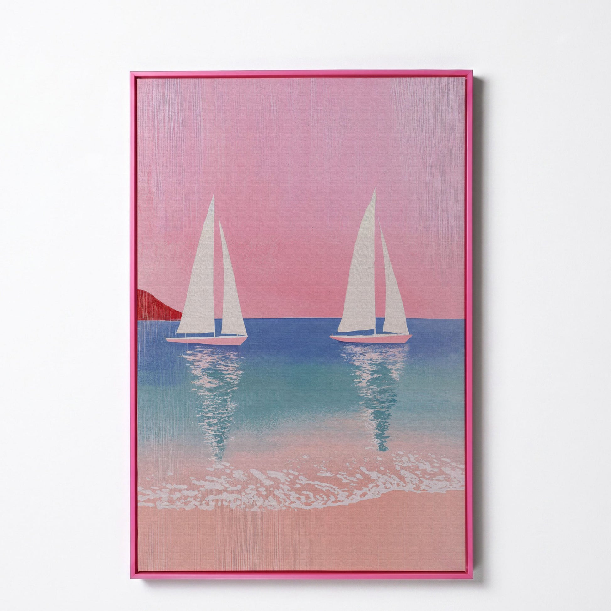 Sailboats at Sunset, Pink Sky Coastal Canvas in pink floating frame