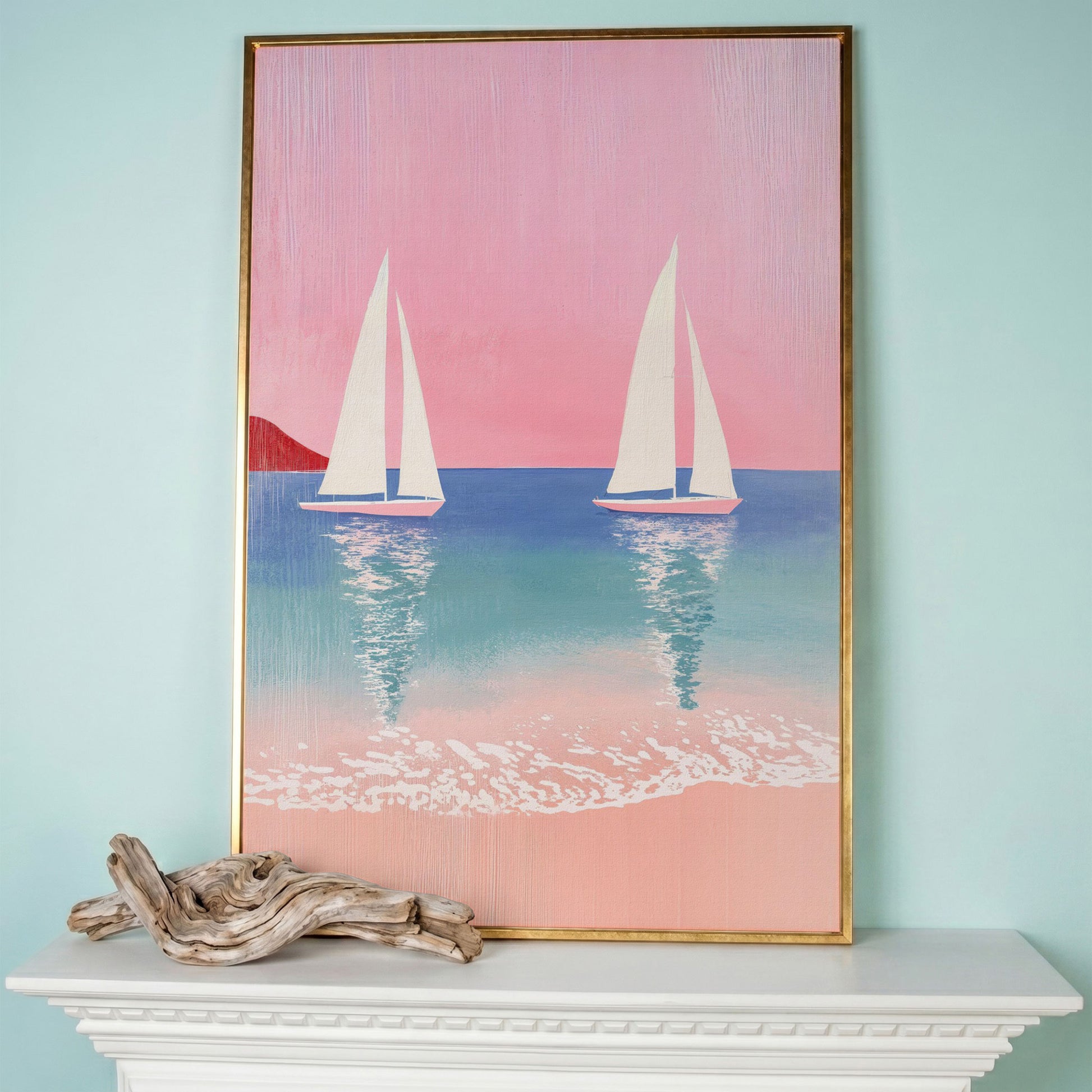 Sailboats at Sunset, Pink Sky Coastal Canvas in rose gold floating frame