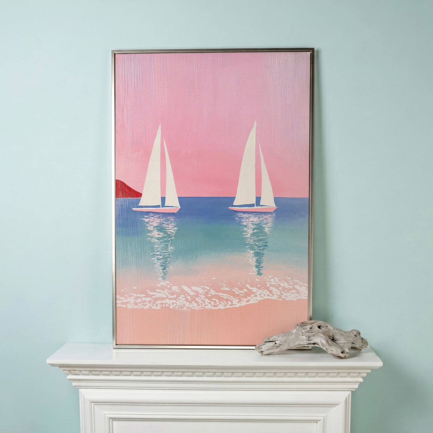 Sailboats at Sunset, Pink Sky Coastal Canvas in silver floating frame