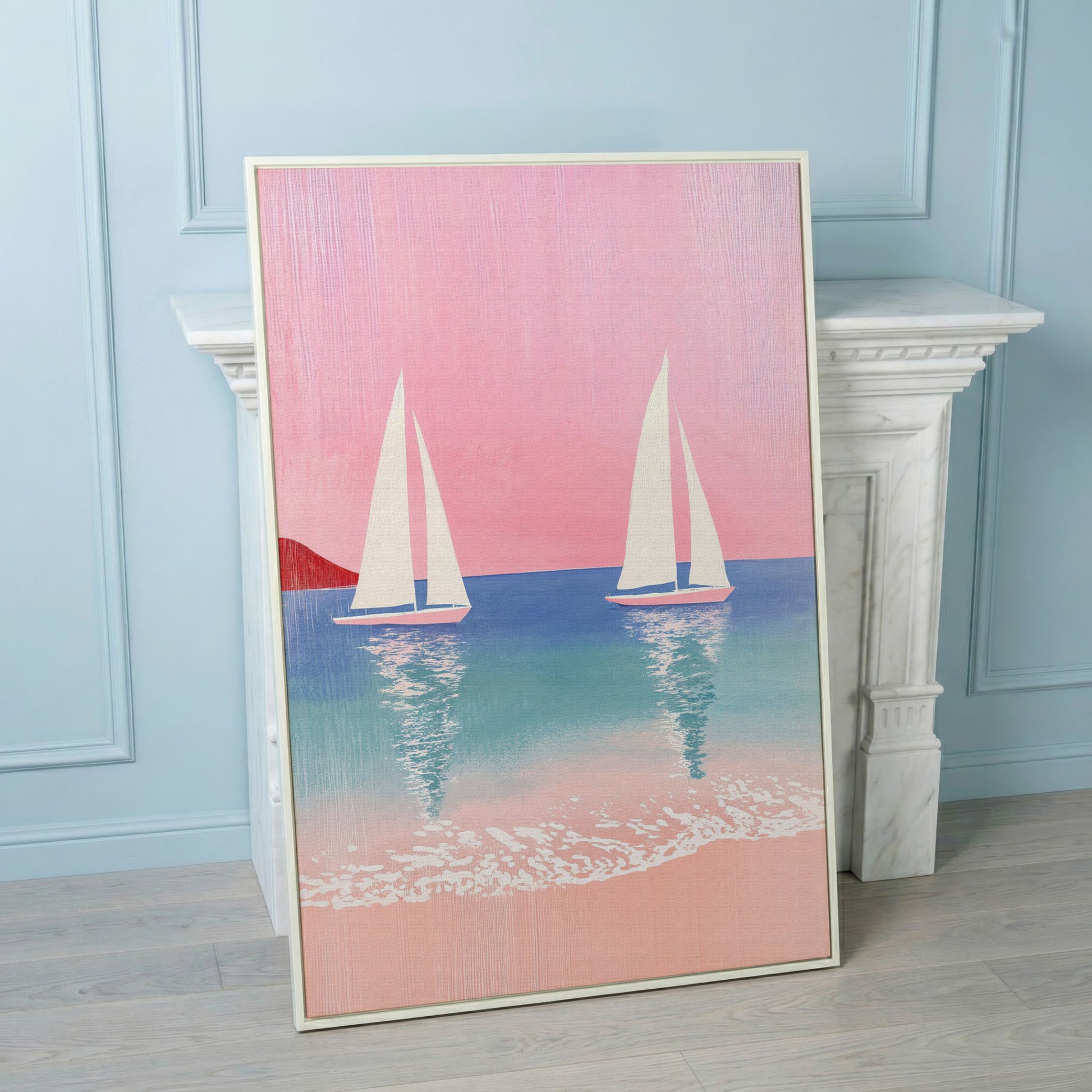 Sailboats at Sunset, Pink Sky Coastal Canvas in white floating frame