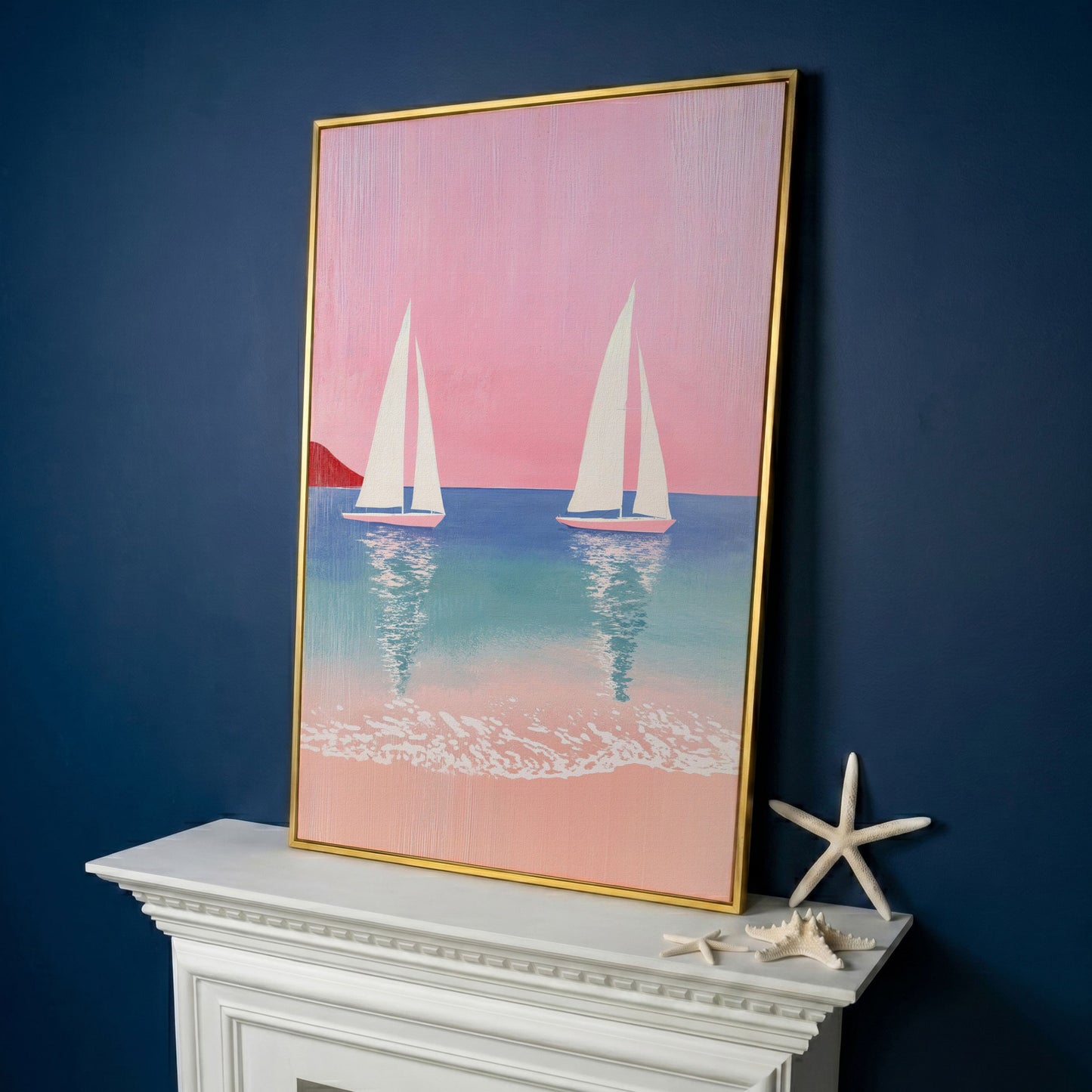 Sailboats at Sunset, Pink Sky Coastal Canvas in yellow gold floating frame