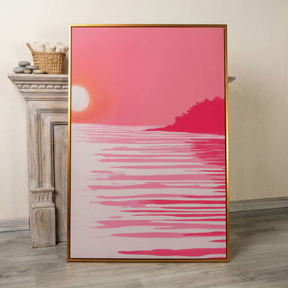 Pink Sunset Coastal Scene Canvas in antique gold floating frame